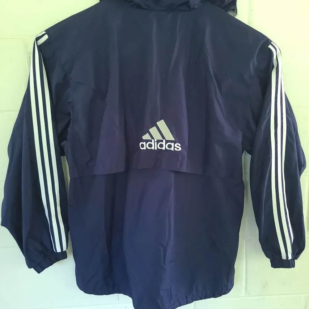 VTG 90s Adidas XL Navy Hooded Windbreaker Jacket 3 Stripe Embroidered Unisex EUC